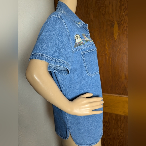 Puppy & Floral Embroidered Short Sleeve Jean Button Up Shirt Large - Picture 7 of 11